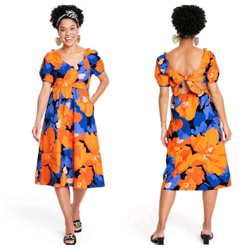 NWT Tabitha Brown Floral Print Puff-Sleeve Tie-Back Midi Dress Size 10 Cut Out